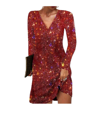 Damen Kleid Kurz V-Ausschnitt Langarm
