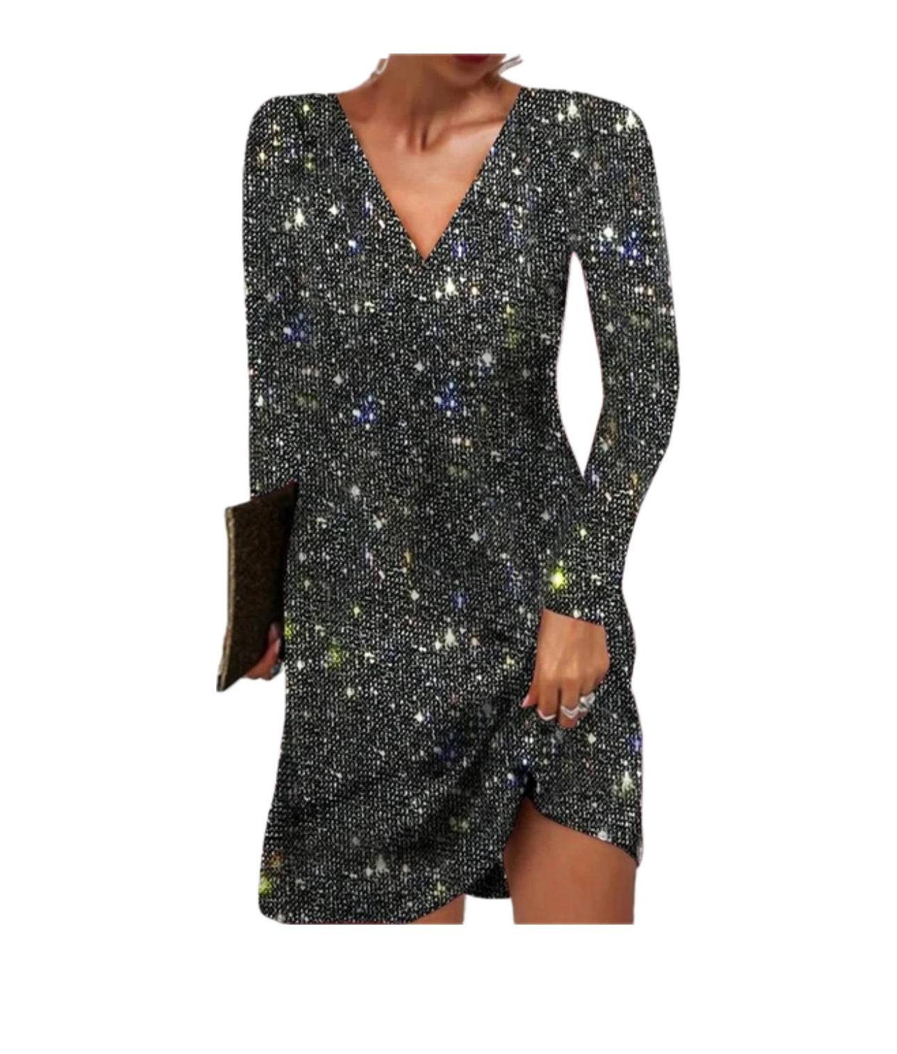 Damen Paillettenkleid Langärmlig Glitzernd