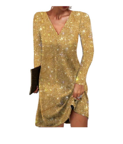 Damen Paillettenkleid Langärmlig Glitzernd