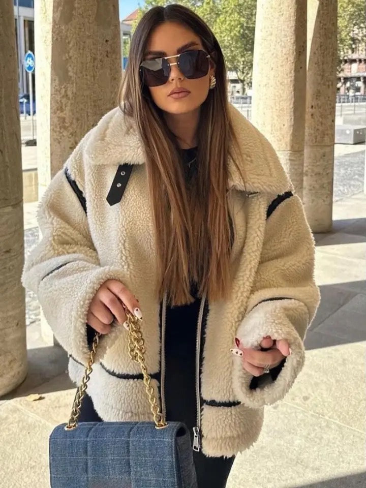 Damen Teddyjacke Oversized Reißverschluss Kuschelig Weich Rosa - Norvielle
