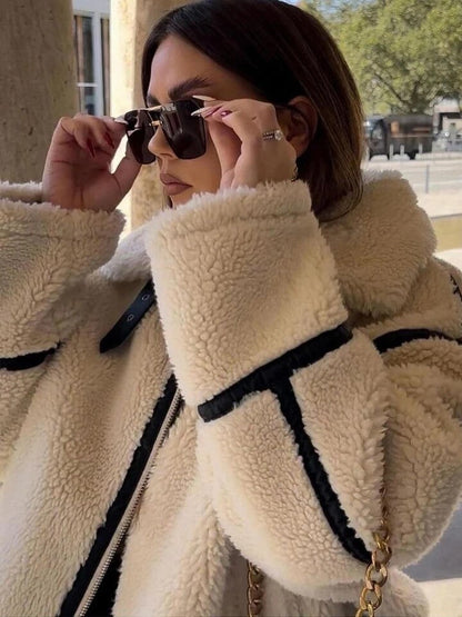 Damen Teddyjacke Oversized Reißverschluss Kuschelig Weich Rosa