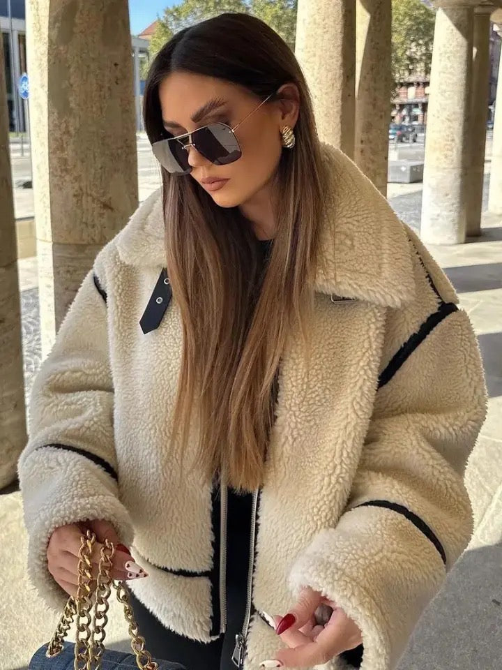 Damen Teddyjacke Oversized Reißverschluss Kuschelig Weich Rosa