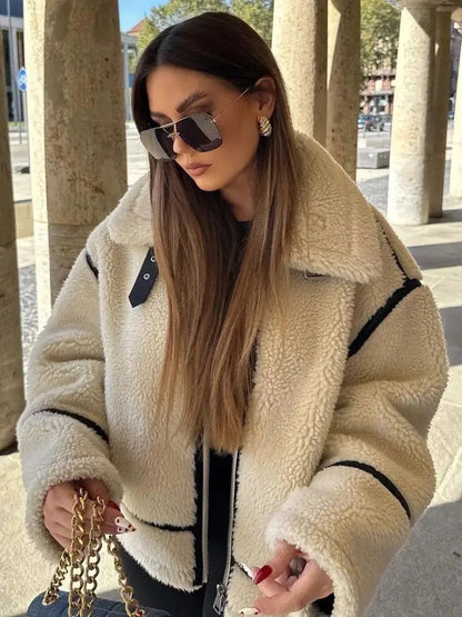 Damen Teddyjacke Oversized Reißverschluss Kuschelig Weich Rosa