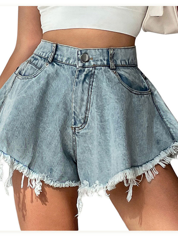 Damen Denim-Jeans-Shorts Hohe Taille Mit Fransen