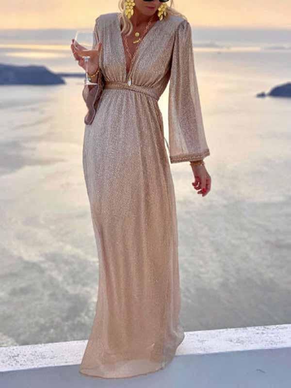 Damen Langkleid Glänzende Pailletten Champagnerfarben