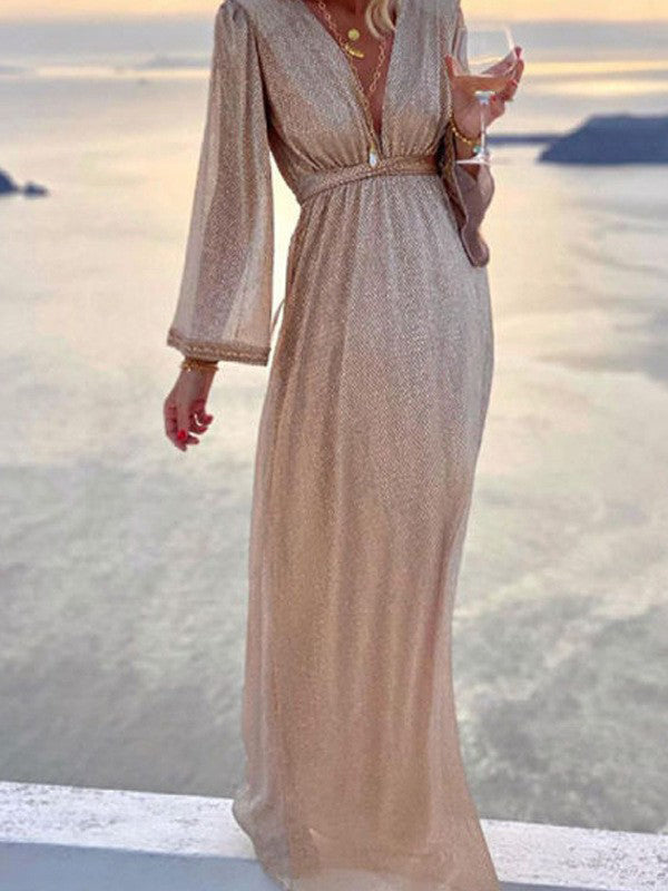 Damen Langkleid Glänzende Pailletten Champagnerfarben - Norvielle