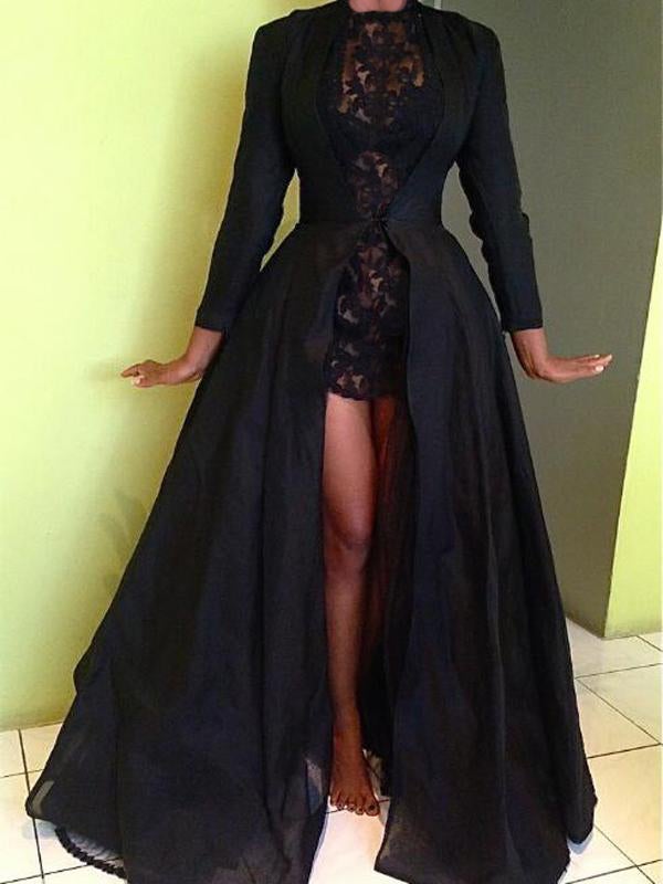 Damen Chiffonkleid Englische Stickerei Rundhals Langärmlig Elegant