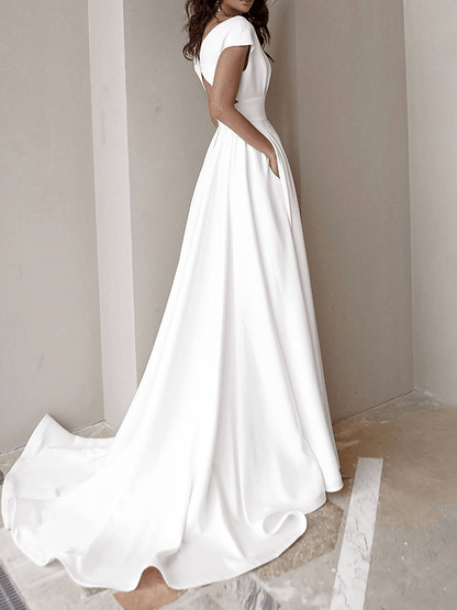 Damen Abendkleid V-Ausschnitt Rückenfrei Kurze Ärmel Schwarz - Norvielle