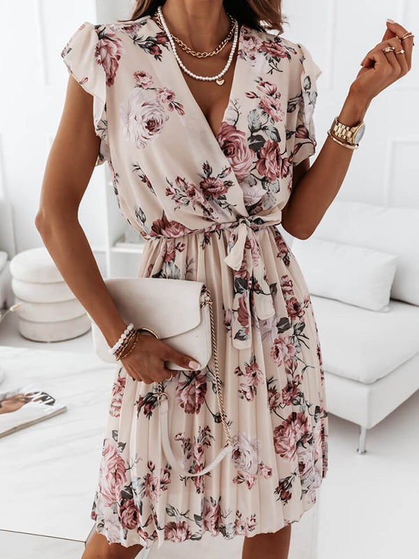 Damen Blumenkleid Mittellang Faltengürtel V-Ausschnitt Boho-Stil - Norvielle