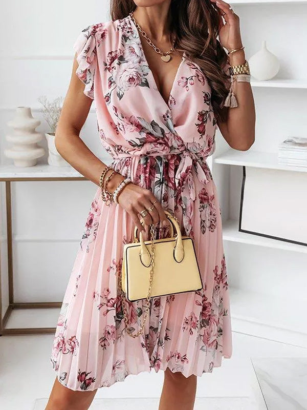 Damen Blumenkleid Mittellang Faltengürtel V-Ausschnitt Boho-Stil