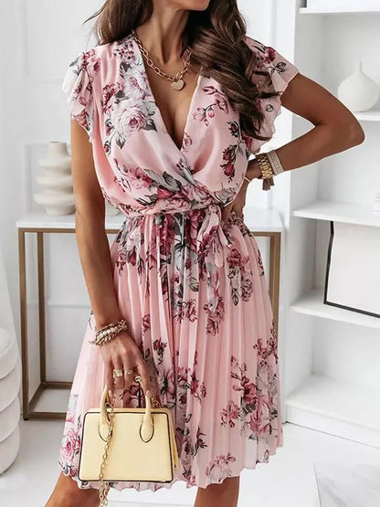Damen Blumenkleid Mittellang Faltengürtel V-Ausschnitt Boho-Stil
