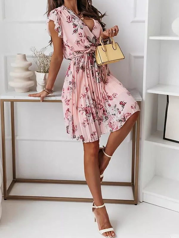 Damen Blumenkleid Mittellang Faltengürtel V-Ausschnitt Boho-Stil