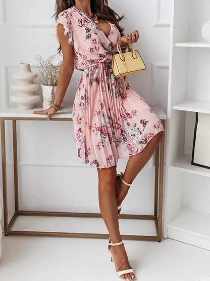 Damen Blumenkleid Mittellang Faltengürtel V-Ausschnitt Boho-Stil