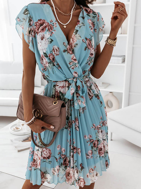 Damen Blumenkleid Mittellang Faltengürtel V-Ausschnitt Boho-Stil