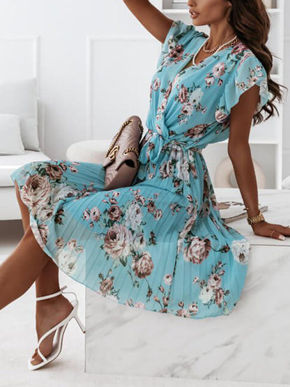 Damen Blumenkleid Mittellang Faltengürtel V-Ausschnitt Boho-Stil