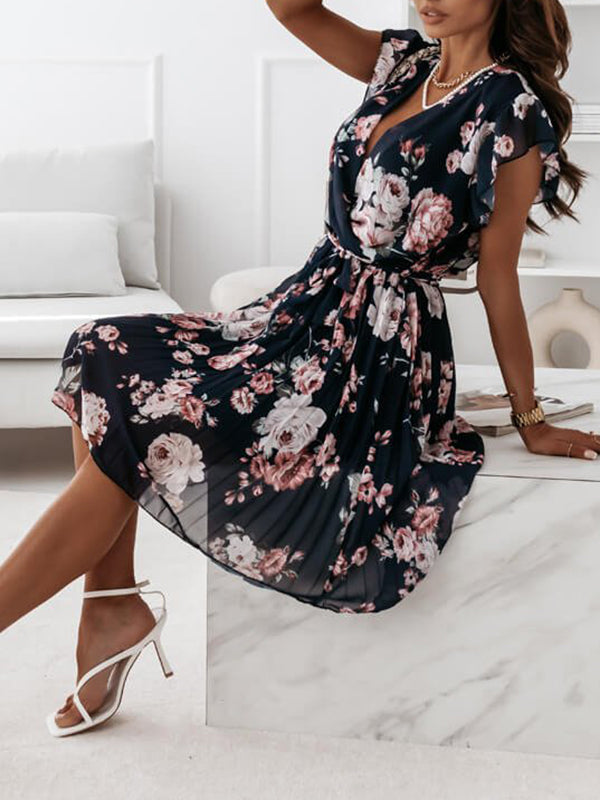 Damen Blumenkleid Mittellang Faltengürtel V-Ausschnitt Boho-Stil