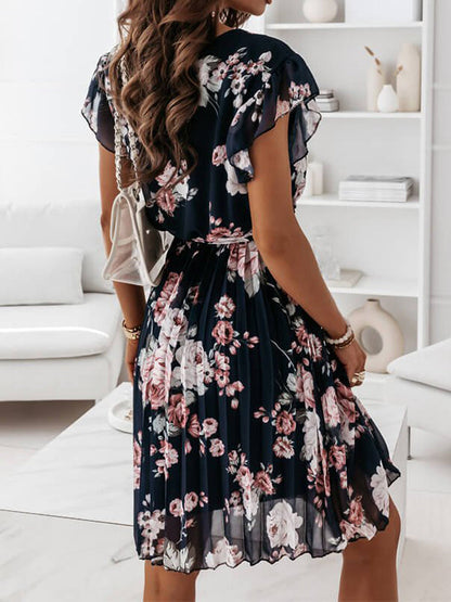 Damen Blumenkleid Mittellang Faltengürtel V-Ausschnitt Boho-Stil