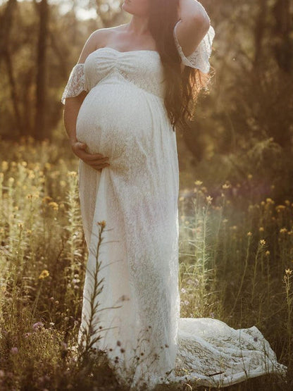 Damen Umstandskleid Spitze Rüschen Kurzärmelig Elegant