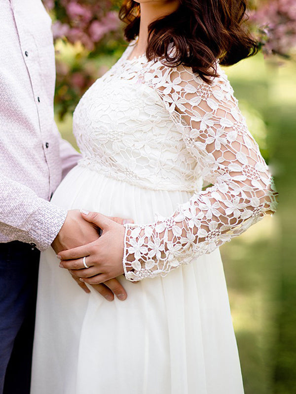Damen Umstandskleid Spitze Chiffon Rundhalsausschnitt Lange Ärmel