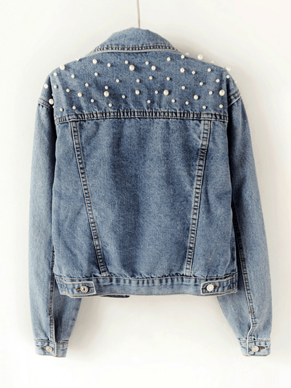 Damen Jeansjacke Übergroß mit Strass-Perlenbesatz und Reverskragen - Norvielle