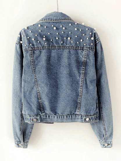 Damen Jeansjacke Übergroß mit Strass-Perlenbesatz und Reverskragen - Norvielle