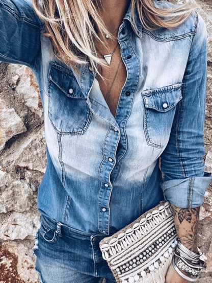 Damen Jeansbluse Langarm mit Knöpfen und Kragen