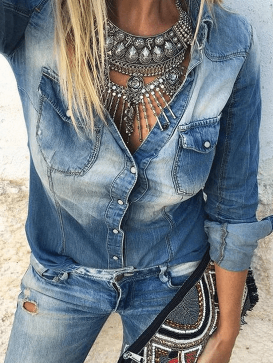 Damen Jeansbluse Langarm mit Knöpfen und Kragen Blau - Norvielle