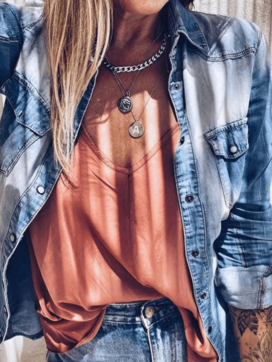 Damen Jeansbluse Langarm mit Knöpfen und Kragen
