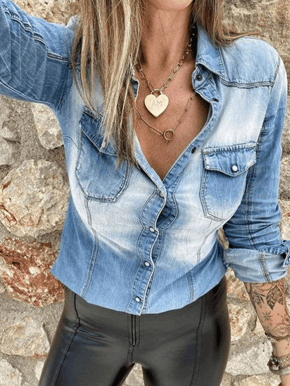 Damen Jeansbluse Langarm mit Knöpfen und Kragen