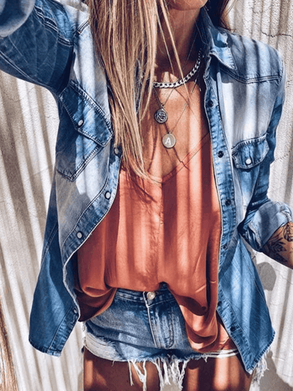 Damen Jeansbluse Langarm mit Knöpfen und Kragen