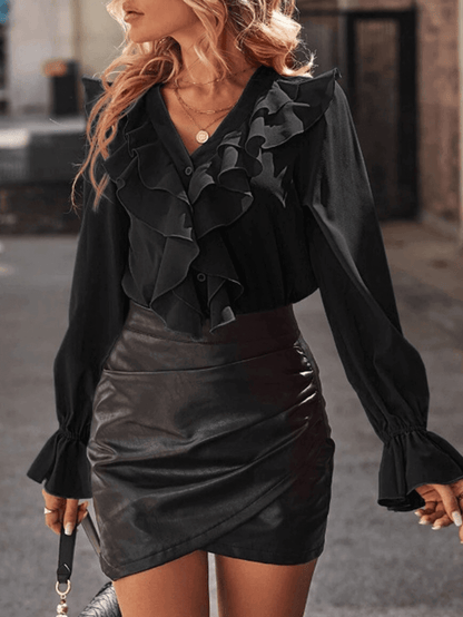 Damen Button-Down-Hemd mit Rüschen V-Ausschnitt und Jabot-Kragen