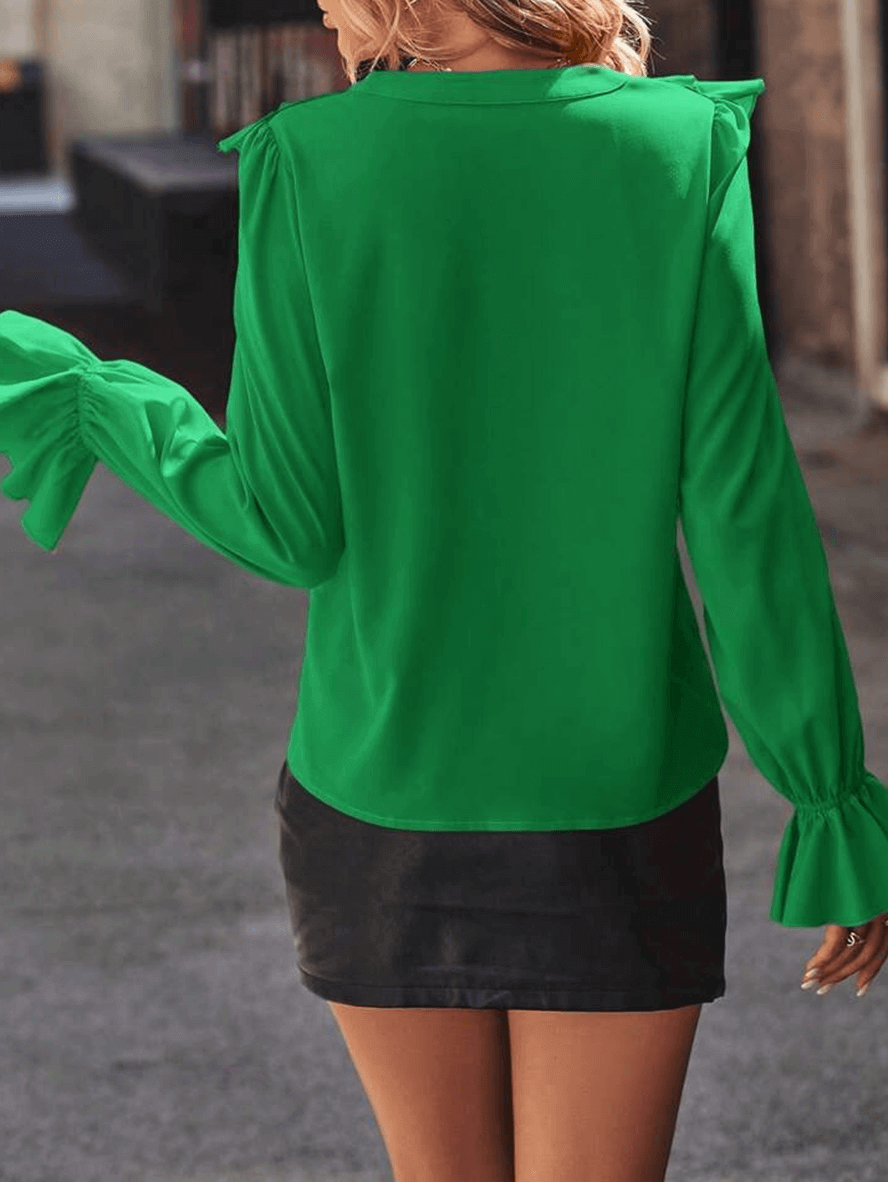 Damen Button-Down-Hemd mit Rüschen V-Ausschnitt und Jabot-Kragen
