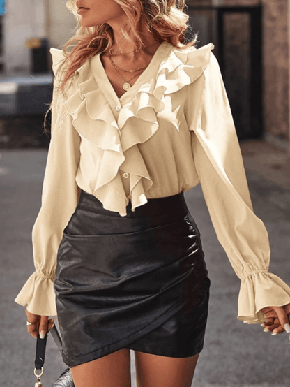 Damen Button-Down-Hemd mit Rüschen V-Ausschnitt und Jabot-Kragen