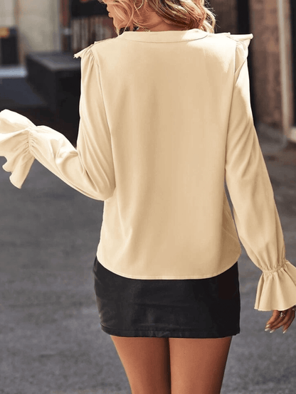 Damen Button-Down-Hemd mit Rüschen V-Ausschnitt und Jabot-Kragen