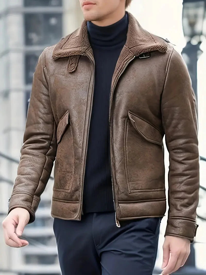 Herren Kunstlederjacke Fleecegefüttert Schwarz - Norvielle