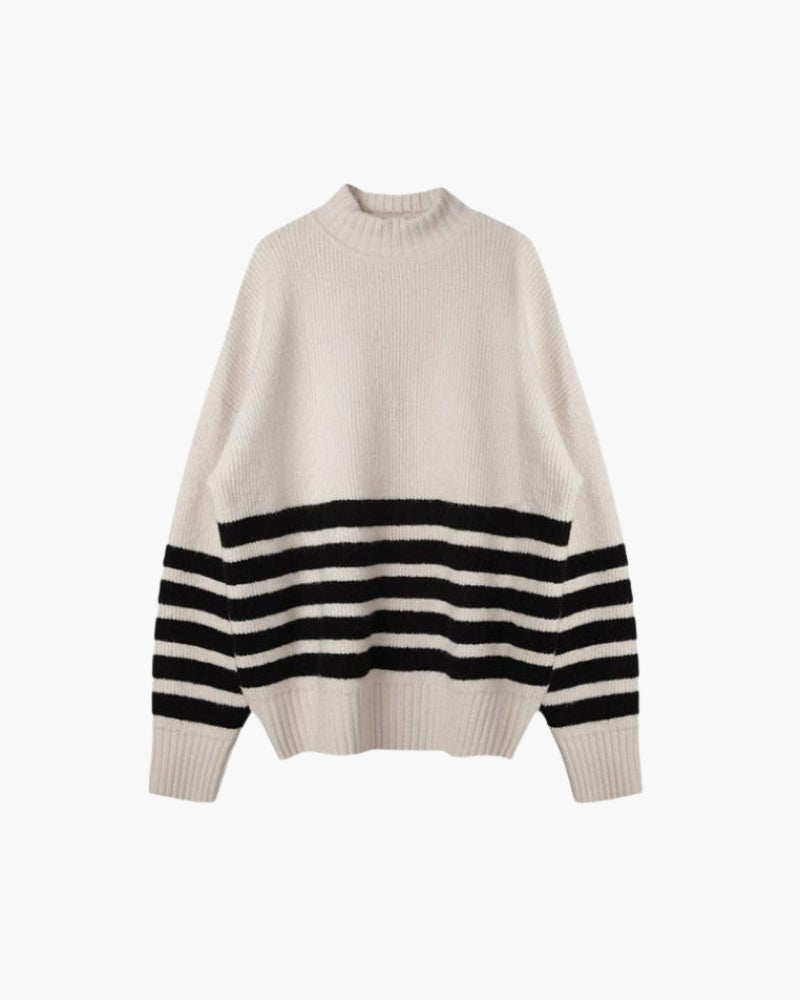 Damen Strickpullover Übergröße Schwarze Streifen Hoher Hals - Norvielle