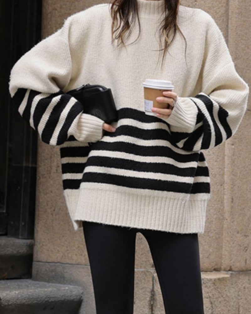 Damen Strickpullover Übergröße e Streifen Hoher Hals