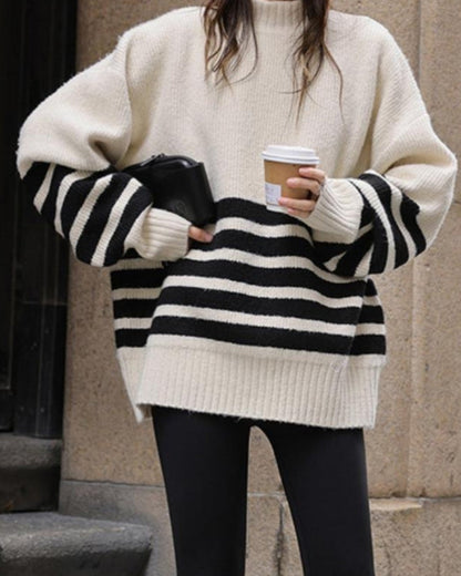 Damen Strickpullover Übergröße e Streifen Hoher Hals