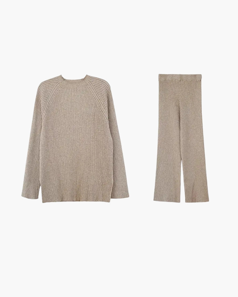 Damen Lounge-Set Rippenstrick Zweiteilig Bein Schlaghosen Pullover - Norvielle