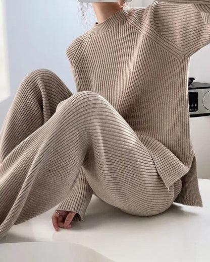 Damen Lounge-Set Rippenstrick Zweiteilig Bein Schlaghosen Pullover