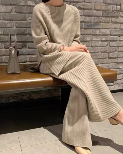 Damen Lounge-Set Rippenstrick Zweiteilig Bein Schlaghosen Pullover