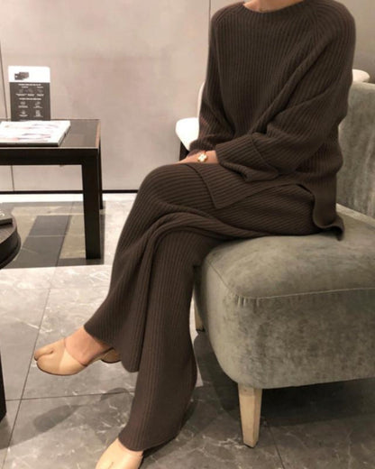 Damen Lounge-Set Rippenstrick Zweiteilig Bein Schlaghosen Pullover