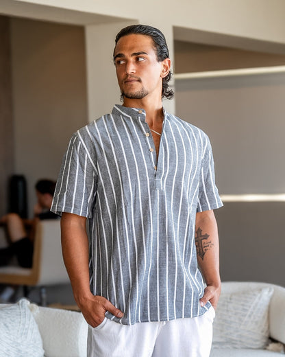 Herren Leinenhemd Gestreift Stehkragen Sommer Beige