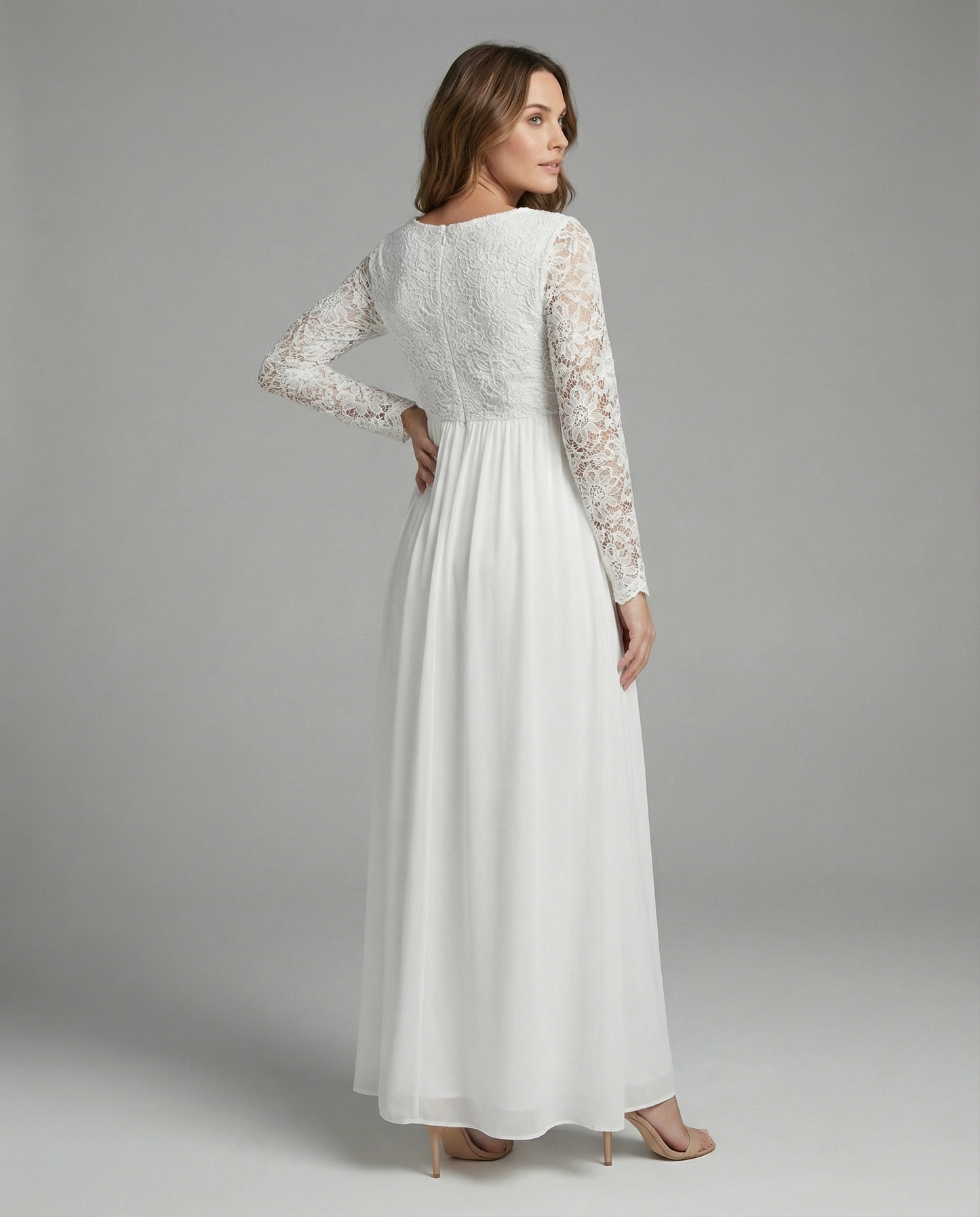 Damen Umstandskleid Spitze Chiffon Rundhalsausschnitt Lange Ärmel