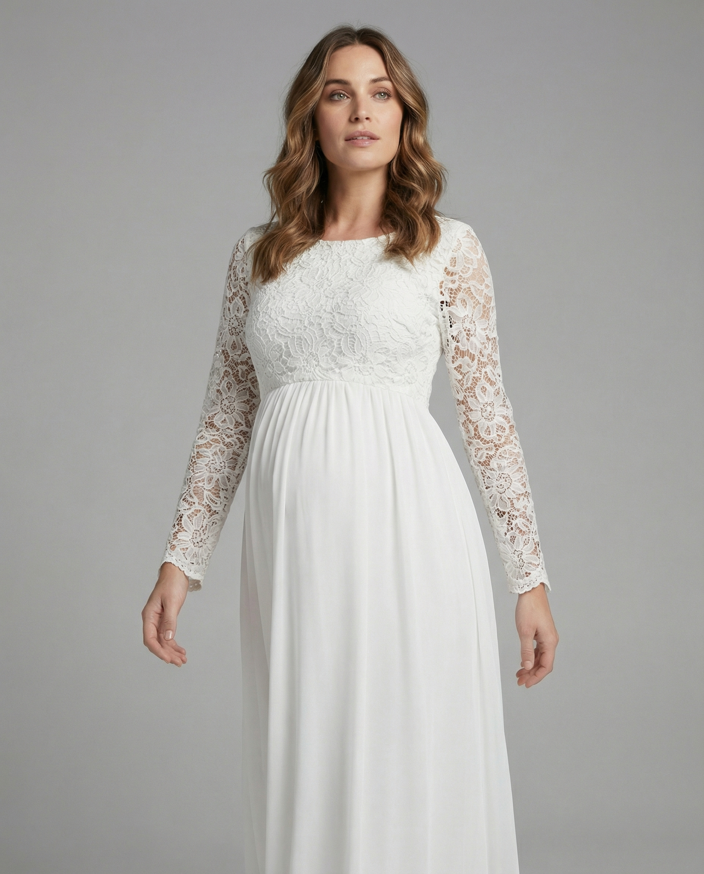 Damen Umstandskleid Spitze Chiffon Rundhalsausschnitt Lange Ärmel
