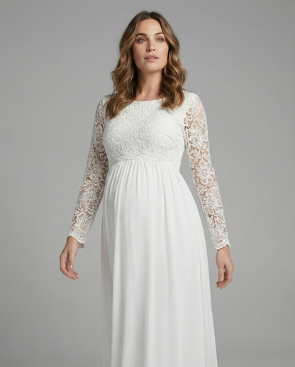 Damen Umstandskleid Spitze Chiffon Rundhalsausschnitt Lange Ärmel
