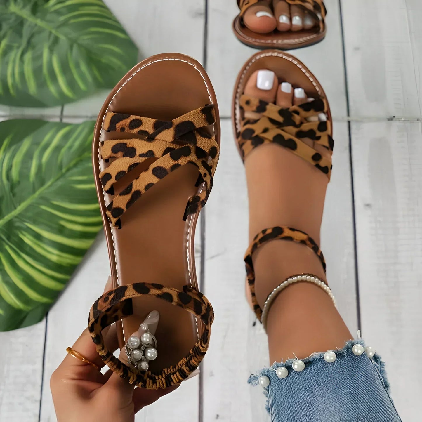 Damen Flache Sandalen Leopardenmuster