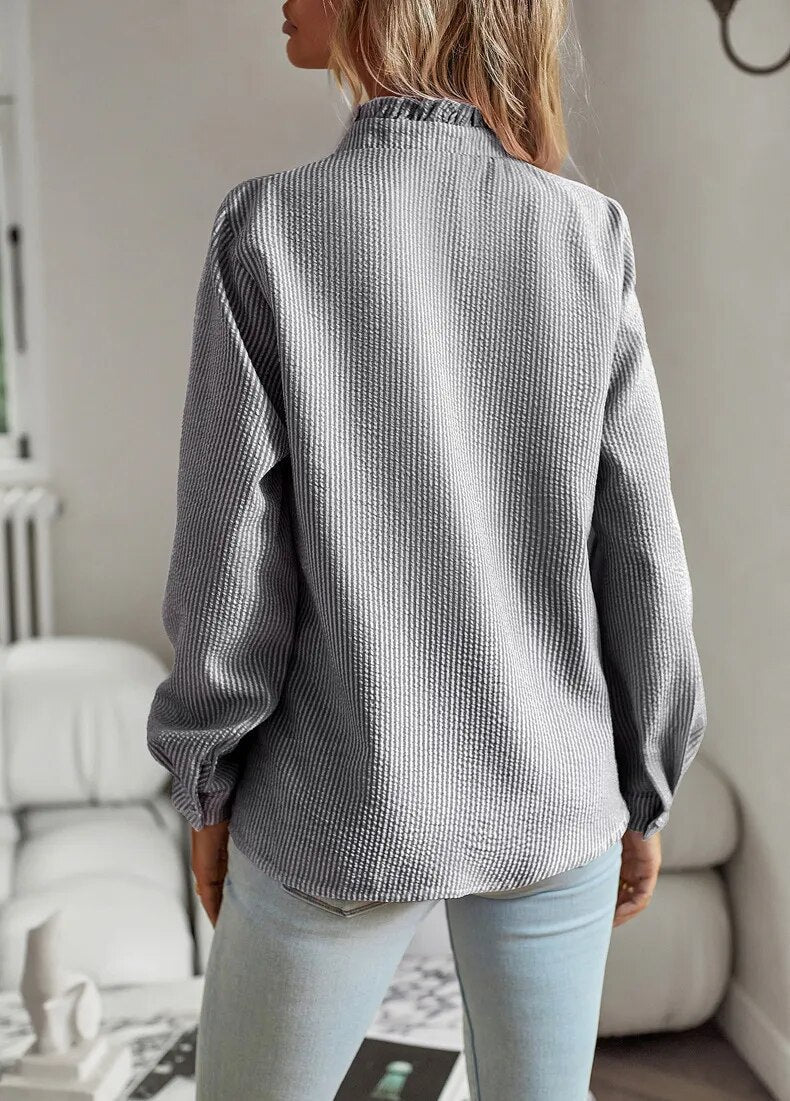 Damen Bluse Langärmlig Rüschenbesatz Knopfleiste