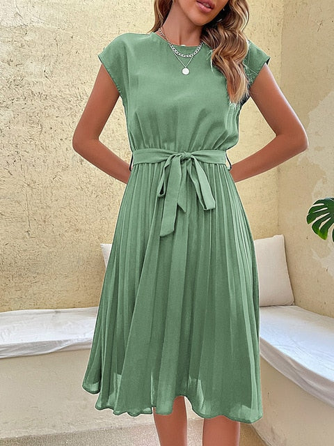 Damen Sommerkleid Midi Kurzarm Rundhalsausschnitt