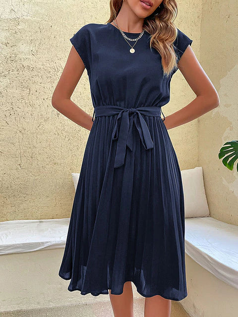 Damen Sommerkleid Midi Kurzarm Rundhalsausschnitt